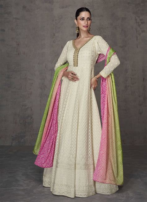 Buy Cream Faux Georgette Embroidered Dresses And Gown Party Wear Online