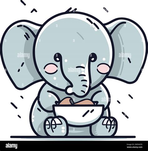 Cute Baby Elephant Eating A Bowl Of Rice Vector Illustration Stock