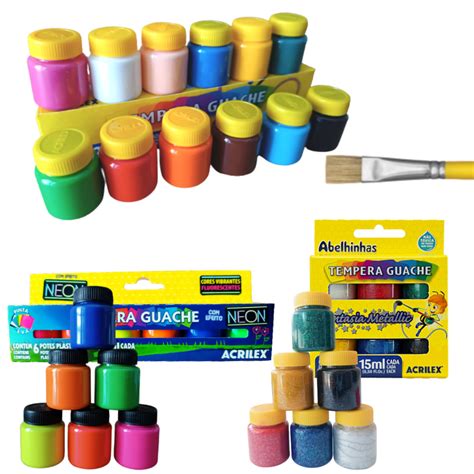 Kit Tinta Guache Acrilex 24 Cores Neon Fantasy Glitter Tempera