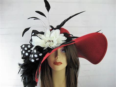 Red Black White Polka Dot Jeweled Flower Feather Kentucky Derby Church ...