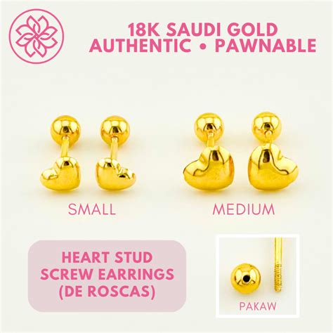 COD PAWNABLE 18K SAUDI GOLD Heart Stud Screw Earrings De Roscas