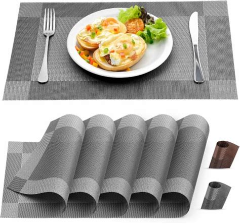 Zulay Kitchen Vinyl Woven Placemats For Dining Table Set Of 6 Silver