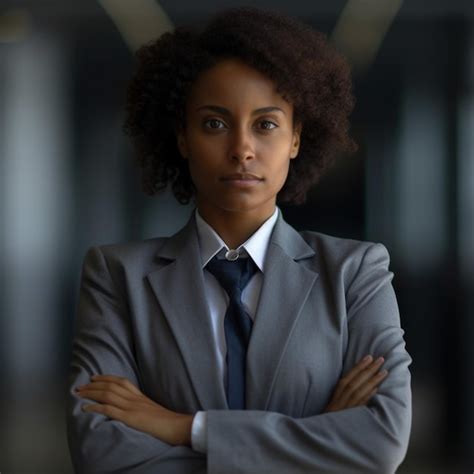 Premium Ai Image A Woman In A Grey Suit With Her Arms Crossed Stands With Her Arms Crossed