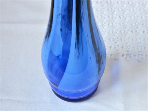 Vintage Mouth Blown Glass Vase Blue Black And White Elegant Etsy