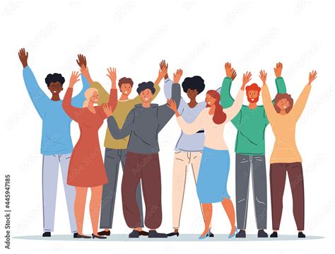 Group Of Diverse Multiracial Smiling People Standing With Raised Hands