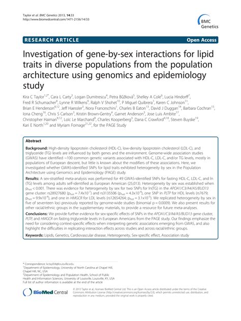 Pdf Investigation Of Gene By Sex Interactions For Lipid Traits In