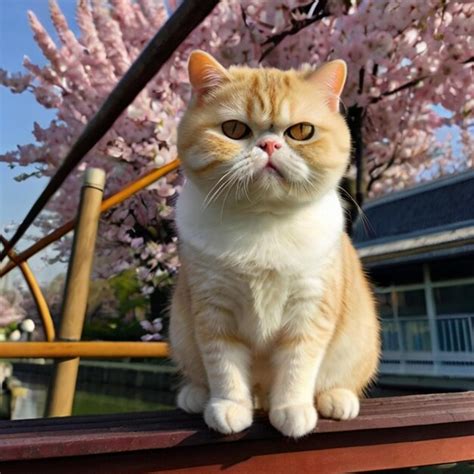 Un gato se sienta en una mesa frente a un árbol con flores rosas