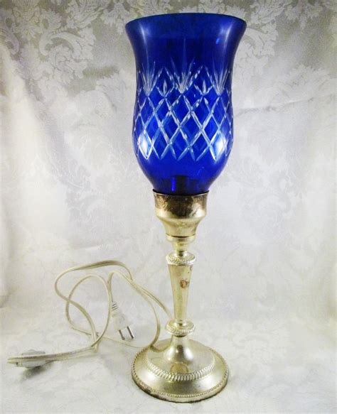 Vintage Cobalt Blue Crystal Hurricane Lamp A