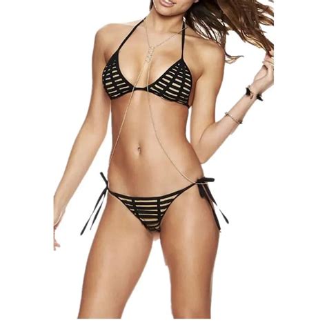 Summer Beach Women Two Piece Bathing Suits Black Caged Cutout Nude