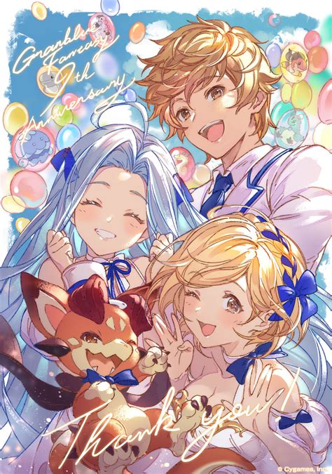 The Big Imageboard Tbib 1boy 2girls Ahoge Anniversary Balloon Blonde Hair Blue Hair Brown