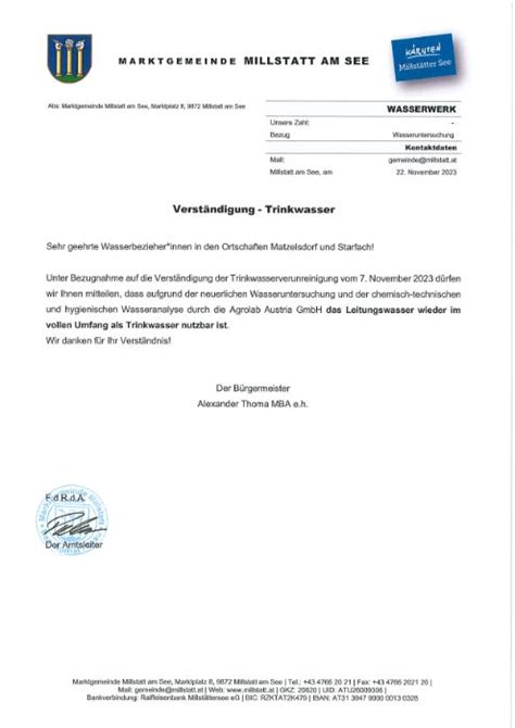 Verst Ndigung Trinkwasser Marktgemeinde Millstatt Am See