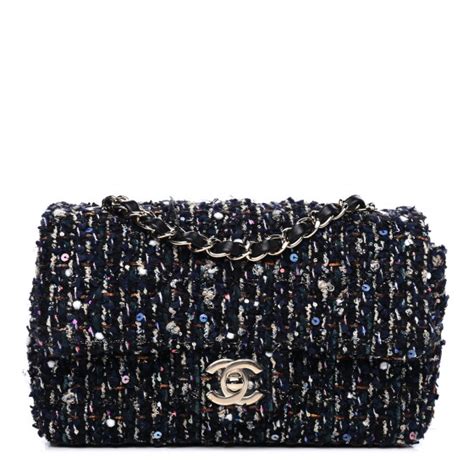 CHANEL Glittered Tweed Quilted Mini Rectangular Flap Navy Blue