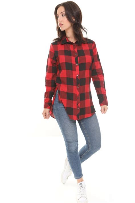 Womens Checked Shirt Ladies Red And Black Plaid Check Casual Shirt Summer