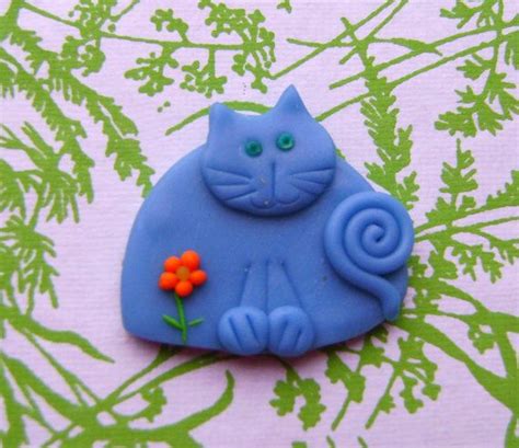 Polymer Clay Blue Happy With Orange Flower Cat Brooch Or Magnet Clay