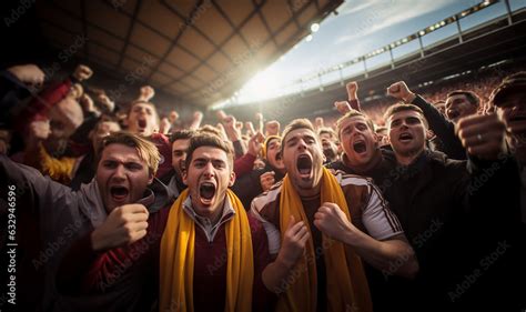 Football Hooligans In Game Aggressive Soccer Fans Shouting And Booing