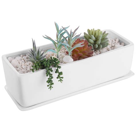 14 Inch Unglazed Rectangular Modern Ceramic Succulent Planter Pot Window Box With Saucer Matte