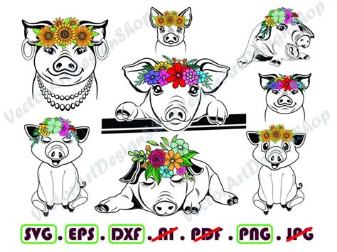 Pig Svg File Pig With Flower Crown Svg Pig Cut File Etsy