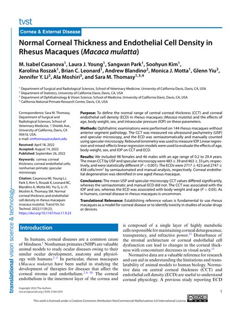 Pdf Normal Corneal Thickness And Endothelial Cell Density In Rhesus Macaques Macaca Mulatta