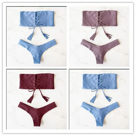 NEW Solid Color Full Lined Bandeau Bikini With Front Metallic Adjustable Ties Swimwear