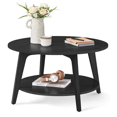 Vasagle Round Black Storage Coffee Table Wood 2 Tier Coffee Table For Living Room