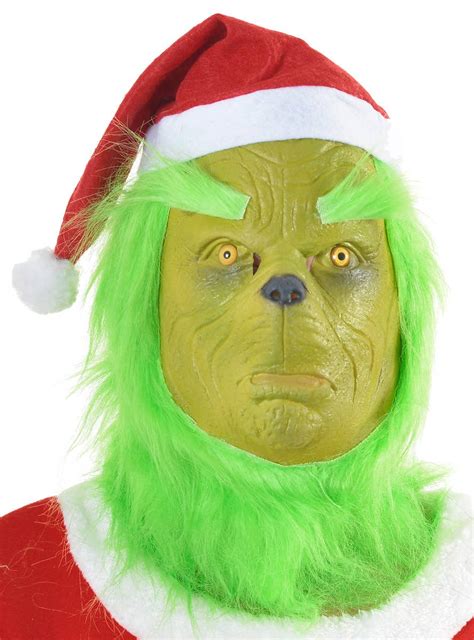 Green Latex Full Head Grinch Costume Mask With Santa Hat