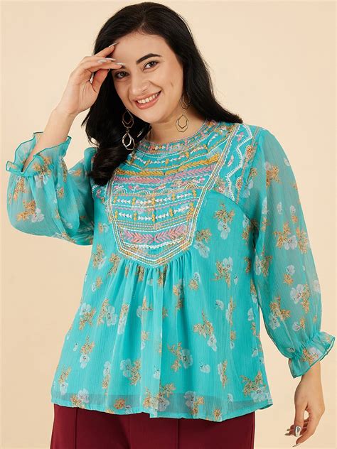 Buy Antheaa Curve Antheaa Curve Floral Embroidered Round Neck Opaque