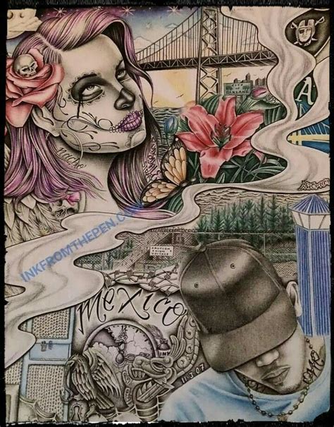 A Drawing Of A Woman With Tattoos And Flowers On Her Head In Front Of