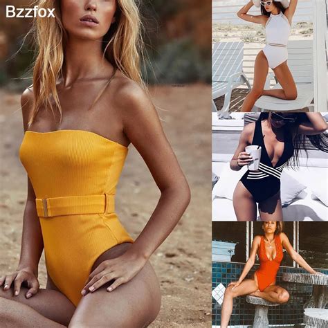 Sexy Yellow Bodysuits One Piece Swimsuit Push Up Bikini Bandeau Swimwear 2019 Women Belt Control