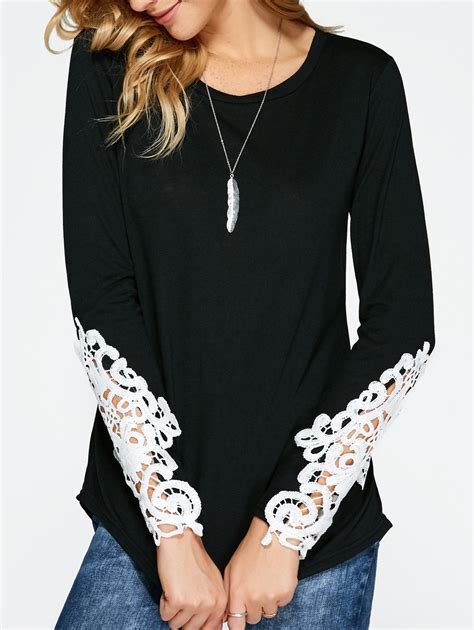 18 Off Lace Insert Long Sleeve T Shirt Rosegal