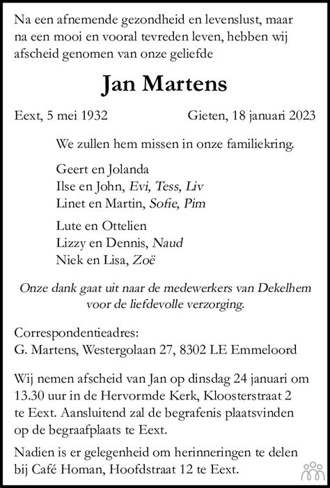 Jan Martens 18 01 2023 Overlijdensbericht En Condoleances Mensenlinq Nl