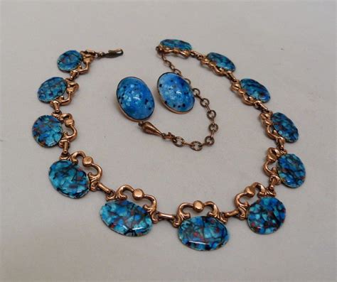 Vtg Mid Century Matisse Renoir Baroque Blue Enamel Copper Necklace