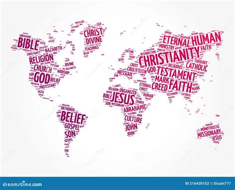 Christianity Word Cloud in Shape of World Map, Religion Concept Background Stock Illustration ...