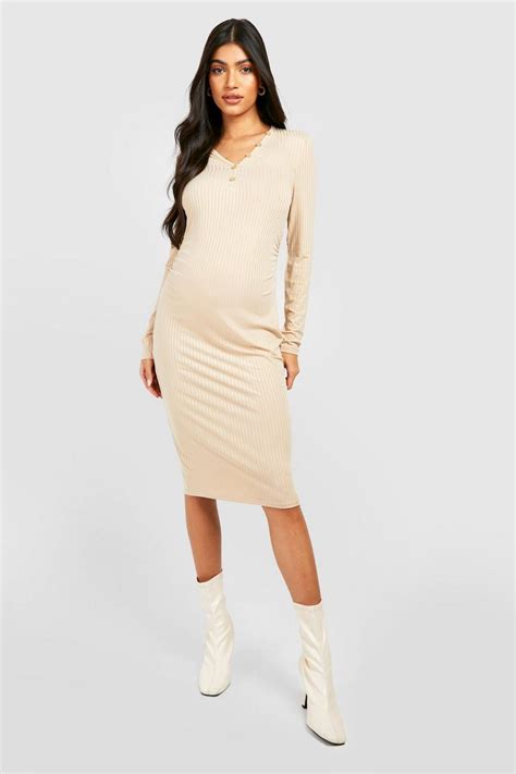 Maternity Rib Button Neck Midi Dress Boohoo Uk