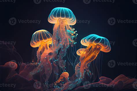 Illustration Of Group Of Beautiful Jelly Fish Glowing In The Dark Ocean