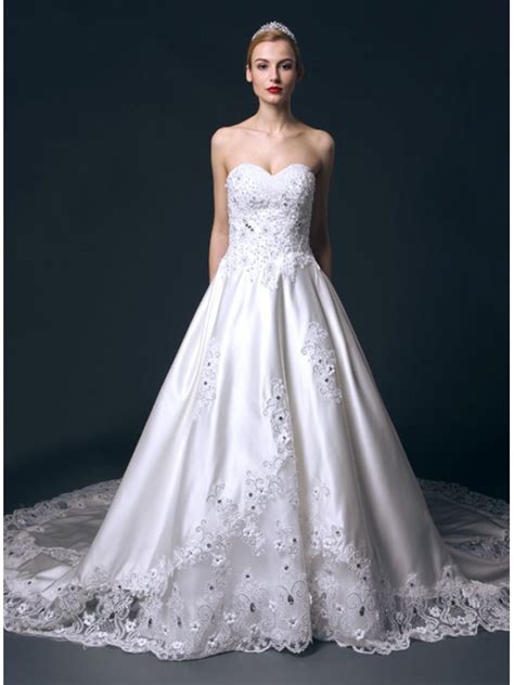 A Line Sweetheart Chapel Train Satin Tulle Wedding Dress