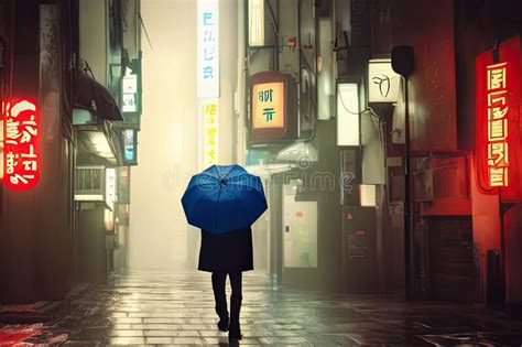 Man Walking Down The Bustling Streets Of Tokyo On A Rainy Night Stock