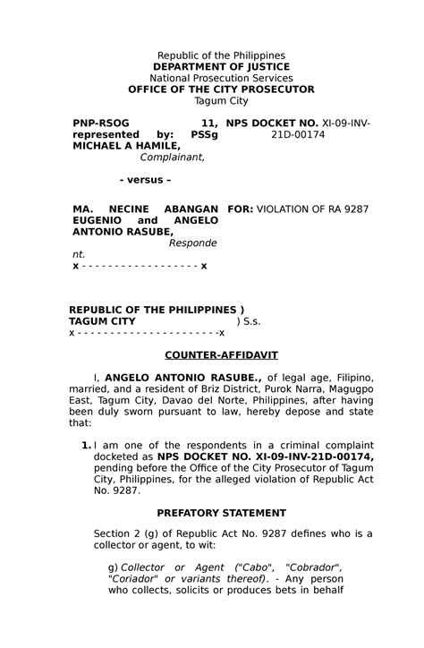 The Counter Affidavit Of Angelo Antonio R Asube Republic Of The