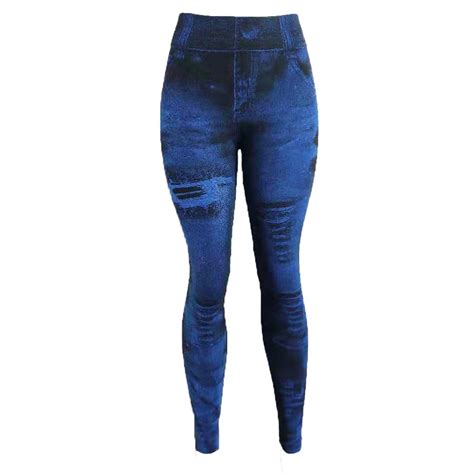 Faux Denim Leggings For Women High Waist Plus Size Imitation Ripped