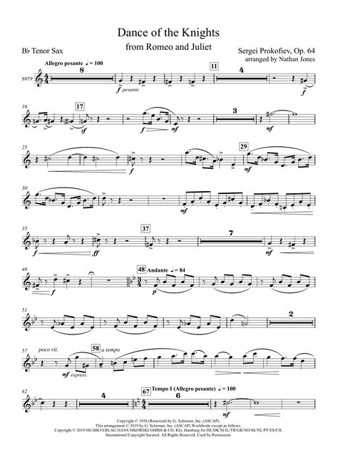 Dance Of The Knights From Romeo And Juliet Tenor Saxophone Sheet Music Sergei Prokofiev