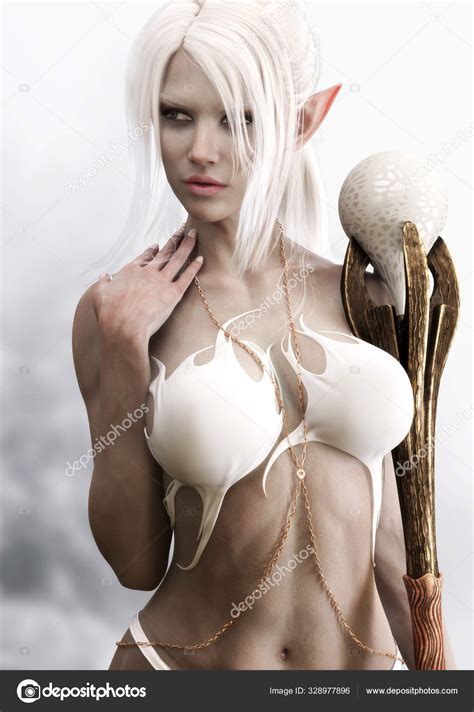 Portrait Sensual Fantasy Dark Elf Female Sorceress White Long Hair