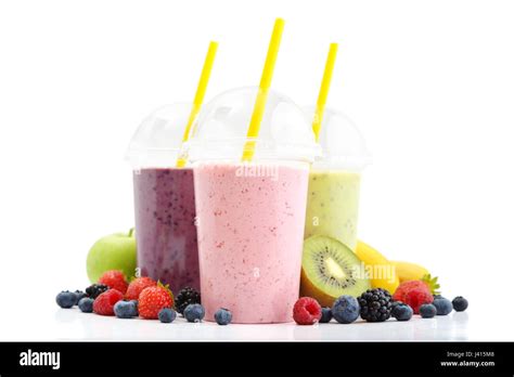 Fruit Smoothies In Plastic Cups With Blueberry Strawberry Kiwi