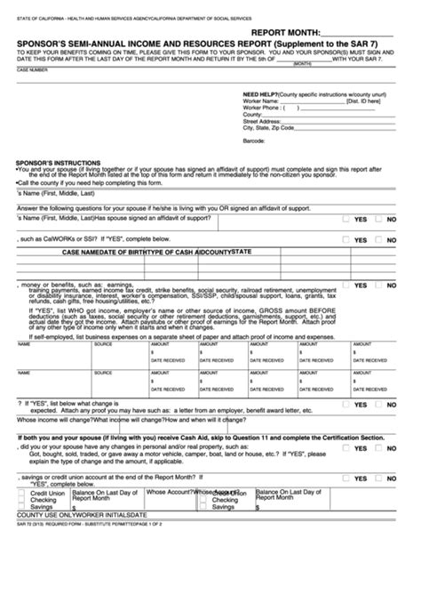 Fillable Form Sar 72 Sponsor S Semi Annual Income And Resources Report Supplement To The Sar