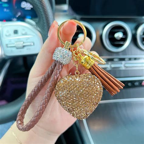 Bling Rhinestone Heart Shape Keychains Glitter Crystal Heart Tassel