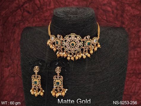 Matte Gold Polish Designer Full Stones Party Wear Antique Necklace Set