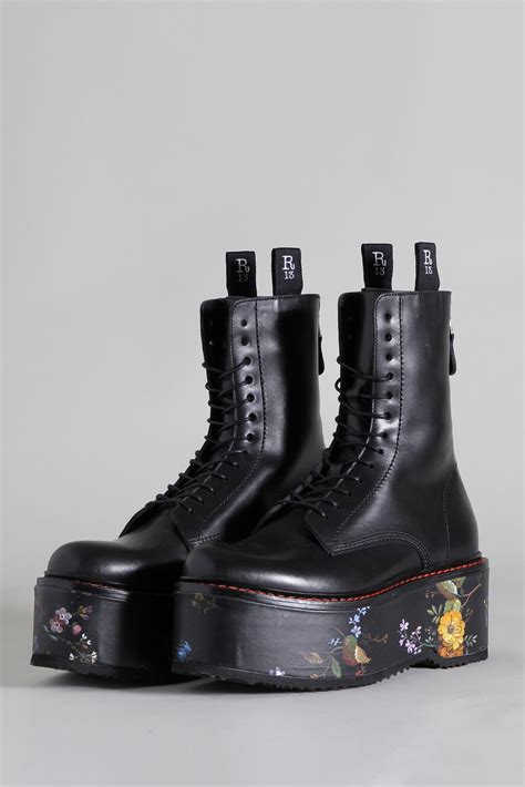 R13 Double Stack Boot Black With Floral Platform