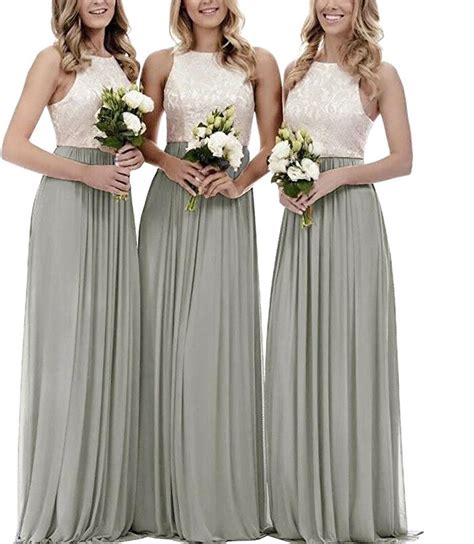 CLOTHKNOW Lace Chiffon Bridesmaid Dresses Long Silver Grey For Women