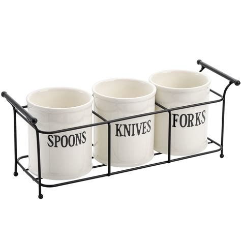 Bekith 3 Piece White Ceramic Silverware Caddy With Black Metal Rack