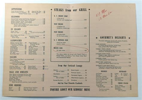 1962 Original Vintage Menu Town House Restaurant Kansas City Missouri