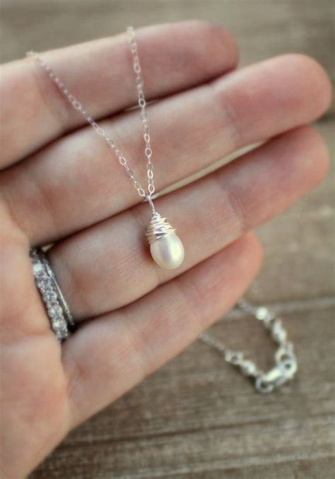 Pearl Necklace Single Wire Wrapped Pearl Pendant Sterling Silver Teardrop Pearl Bridal