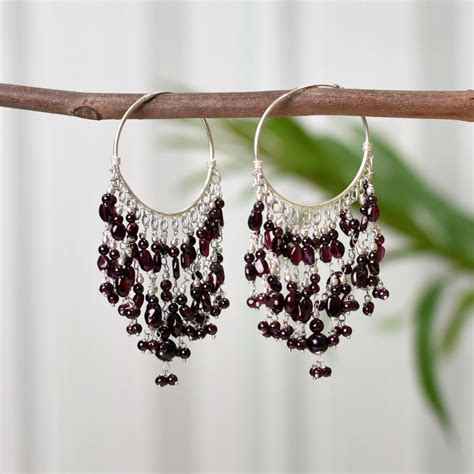 Bead Hoop Earrings In 925 Sterling Silver And Garnet Gem Stone